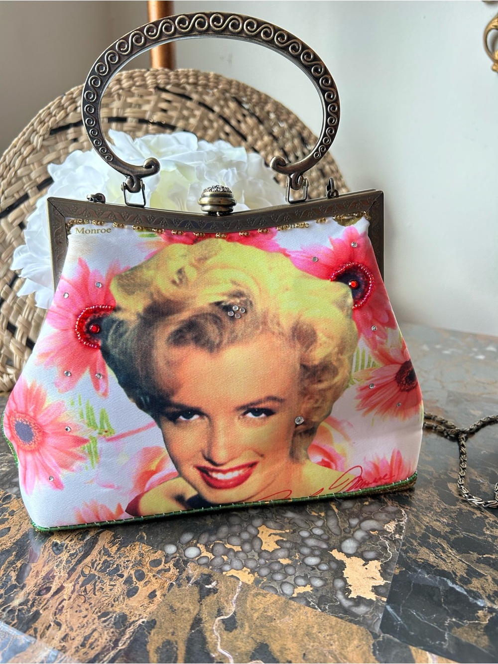 Floral Portrait Printed Clutch in Pink with Decorative Frame